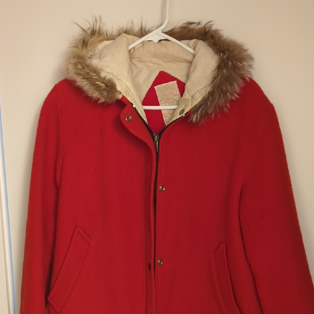 Red and Cream Puffer Jackets with Fur Trim